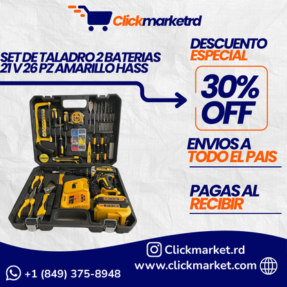 SET DE TALADRO 2 BATERIAS 21 V 26 PZ AMARILLO HASS/ AM