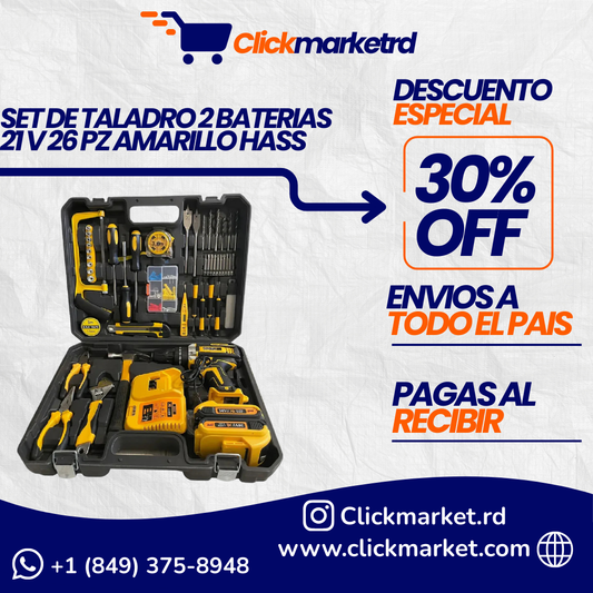 SET DE TALADRO 2 BATERIAS 21 V 26 PZ AMARILLO HASS/ AM